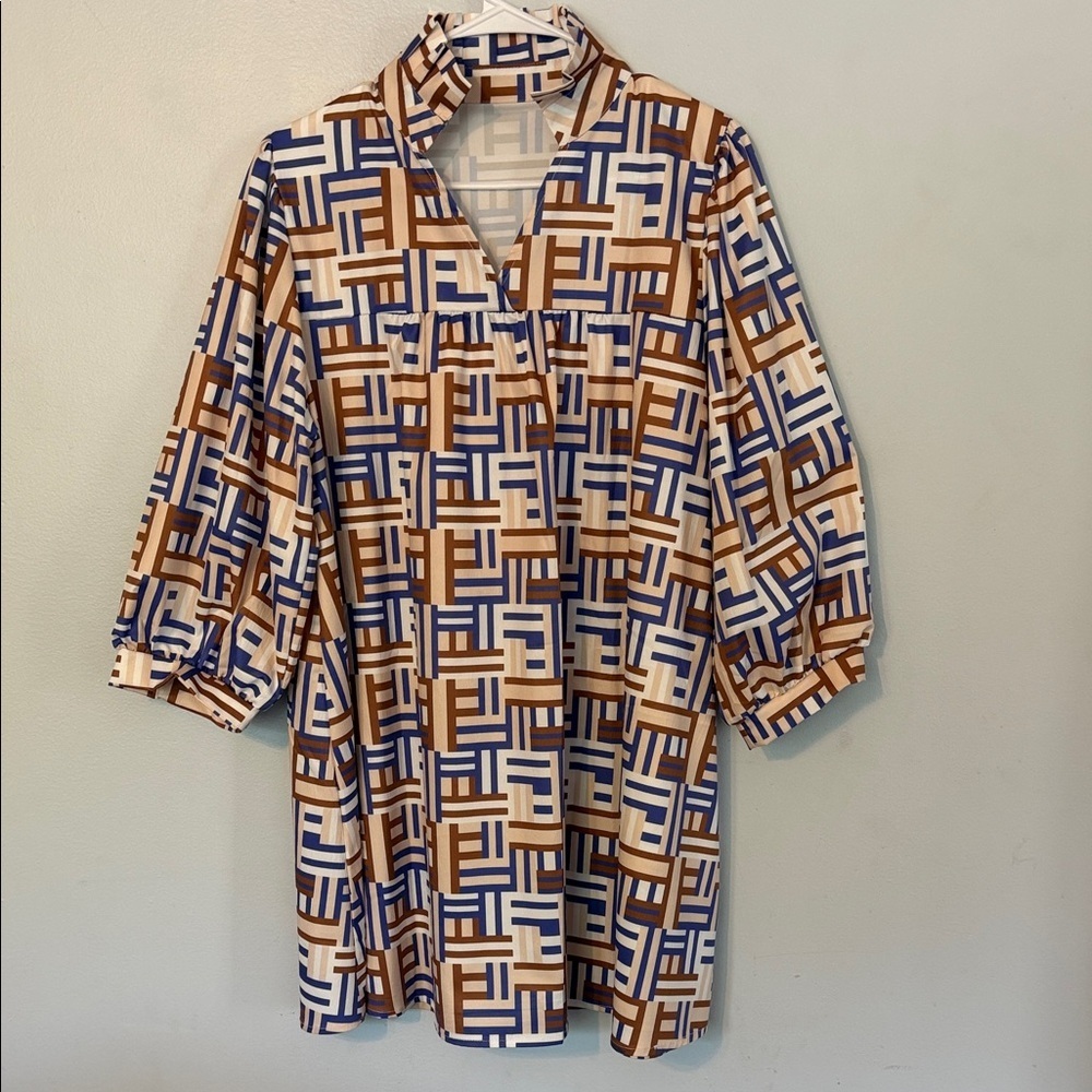 NWOT Geo-Print Mini Dress in Blue and Brown